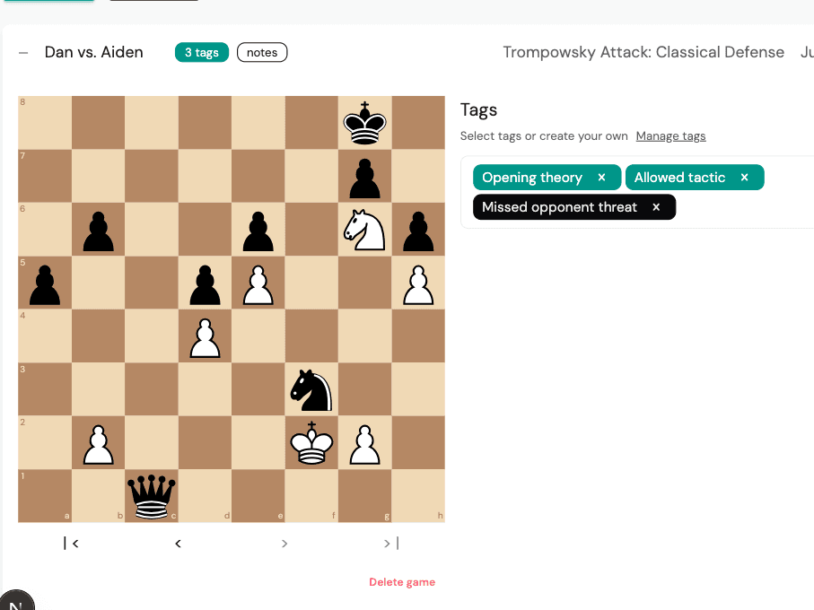 Reviewing a game with tags and notes in chesslog.me